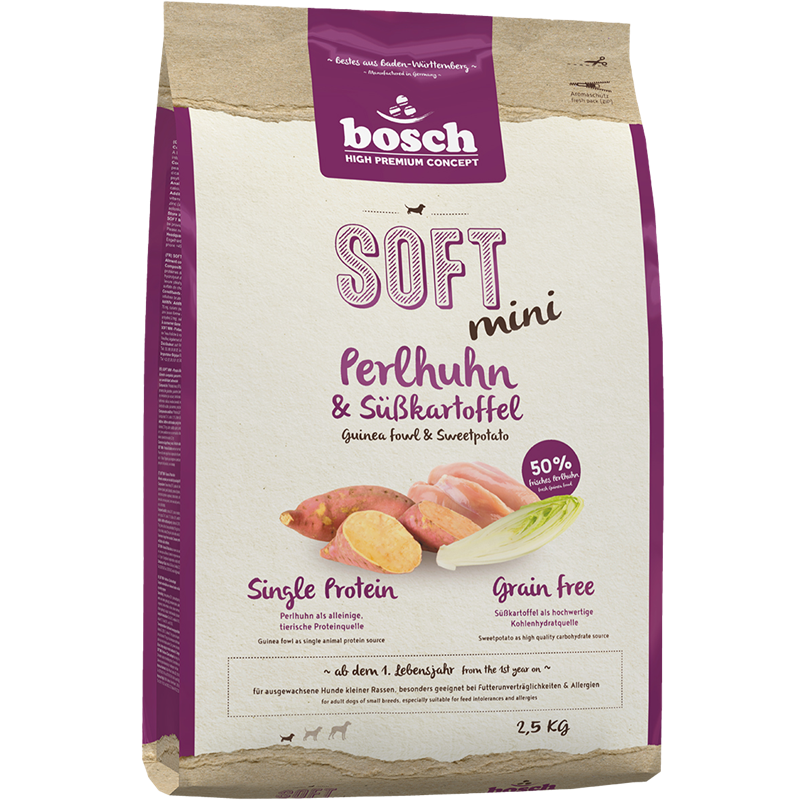 Kombipaket bosch HPC Soft Mini mit Perlhuhn & Süßkartoffel 2,5 kg + bosch HPC Soft Mini mit Wachtel & Kartoffel 2,5 kg