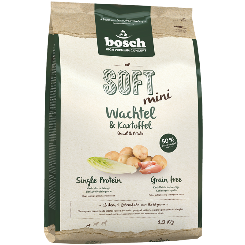 Kombipaket bosch HPC Soft Mini mit Perlhuhn & Süßkartoffel 2,5 kg + bosch HPC Soft Mini mit Wachtel & Kartoffel 2,5 kg