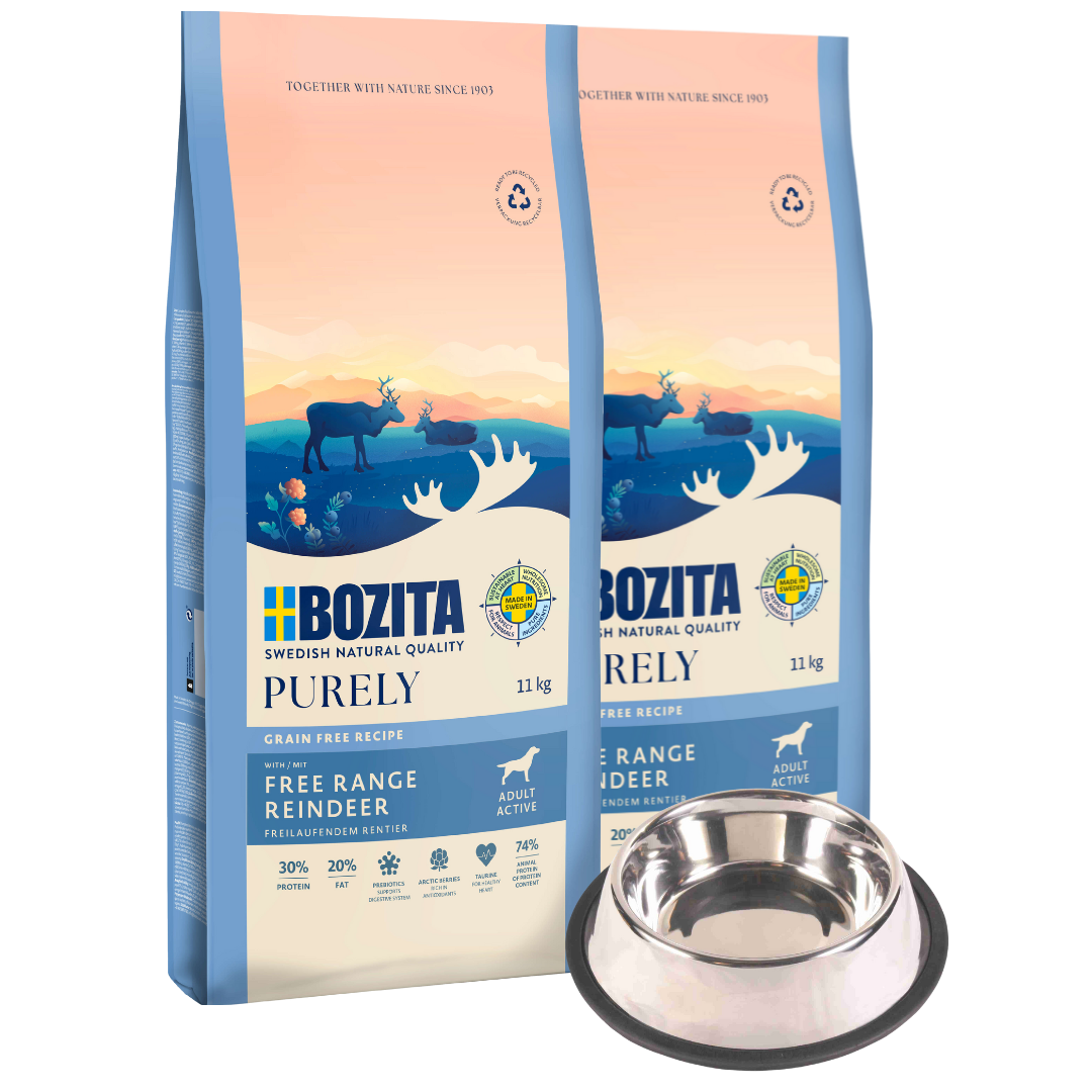 Bozita Dog Purely Adult Active Rentier 2 x 11 kg + GRATIS TRIXIE Napf