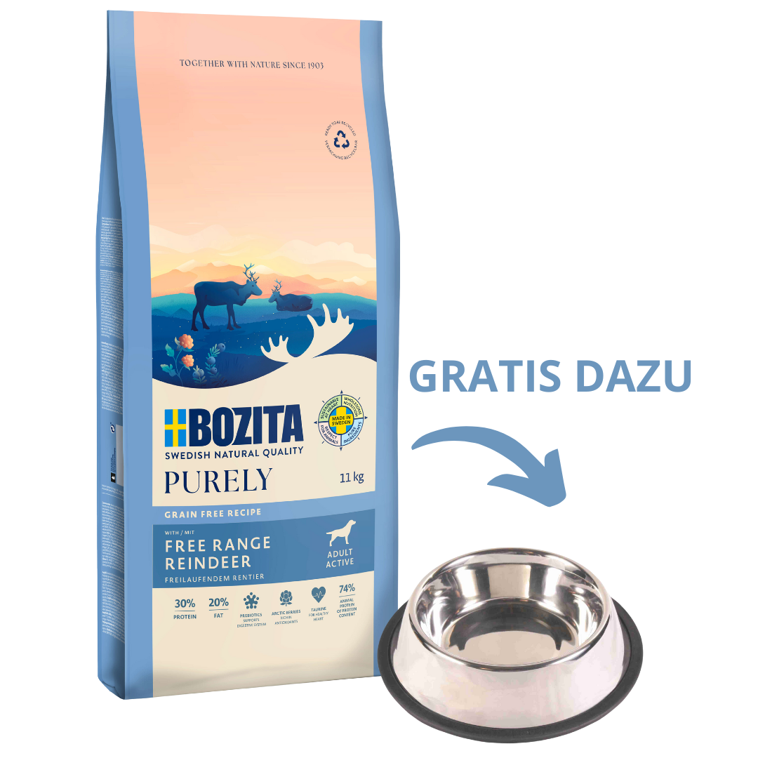 Bozita Dog Purely Adult Active Rentier 11 kg + GRATIS TRIXIE Napf