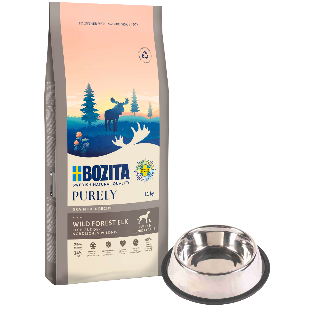 Bozita Dog Purely Puppy & Junior Large Elch 11 kg + GRATIS TRIXIE Napf