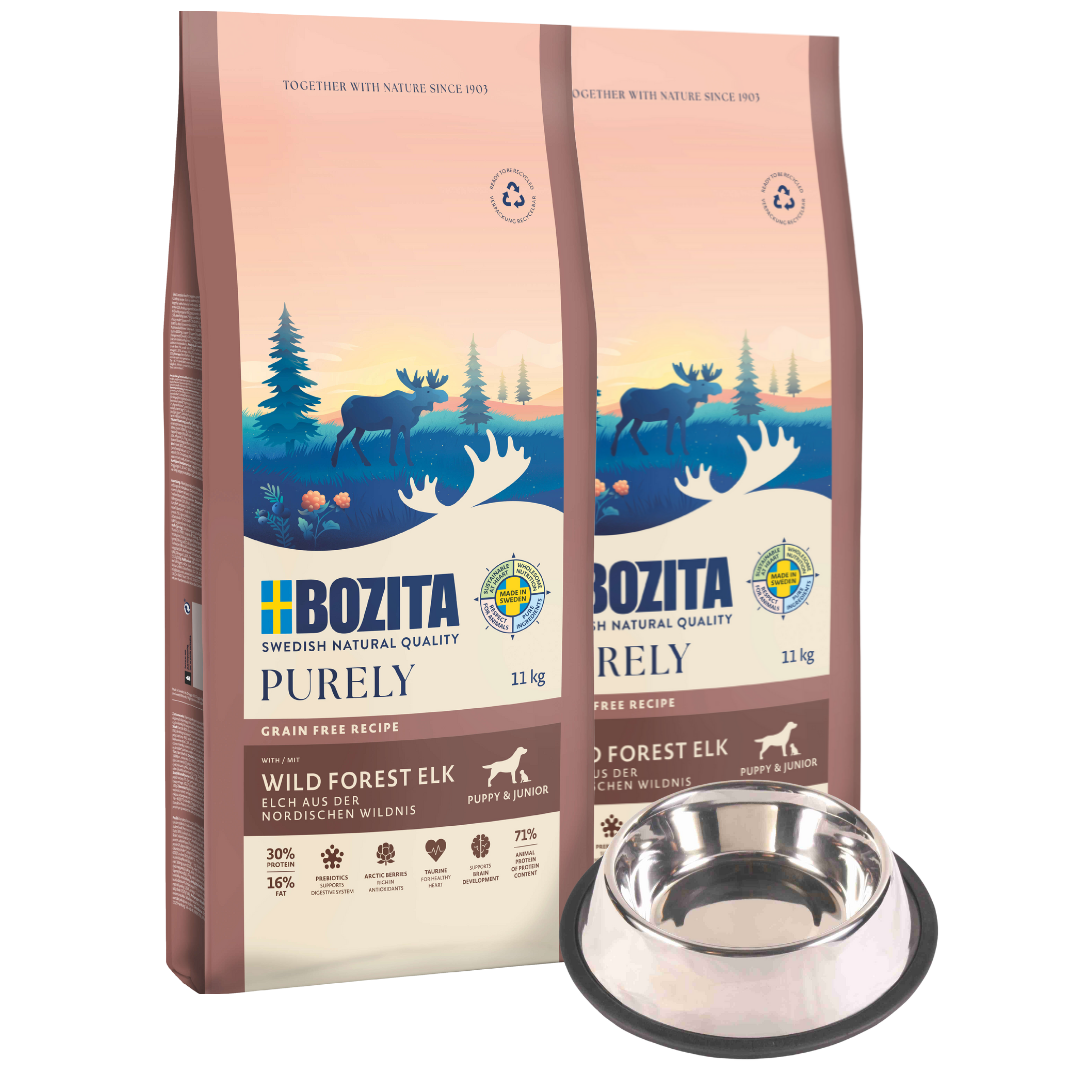 Bozita Dog Purely Puppy & Junior Small Elch 2 x 11 kg + GRATIS TRIXIE Napf