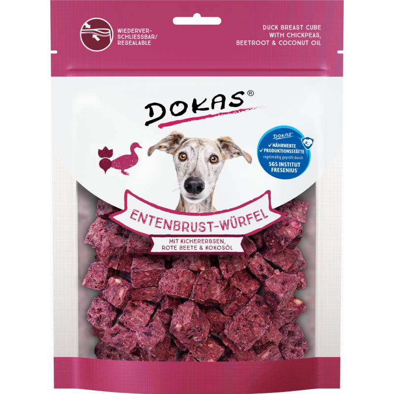 DOKAS Entenbrust-Würfel Kichererbsen, Rote Beete & Kokosöl 150 g | Hundesnack