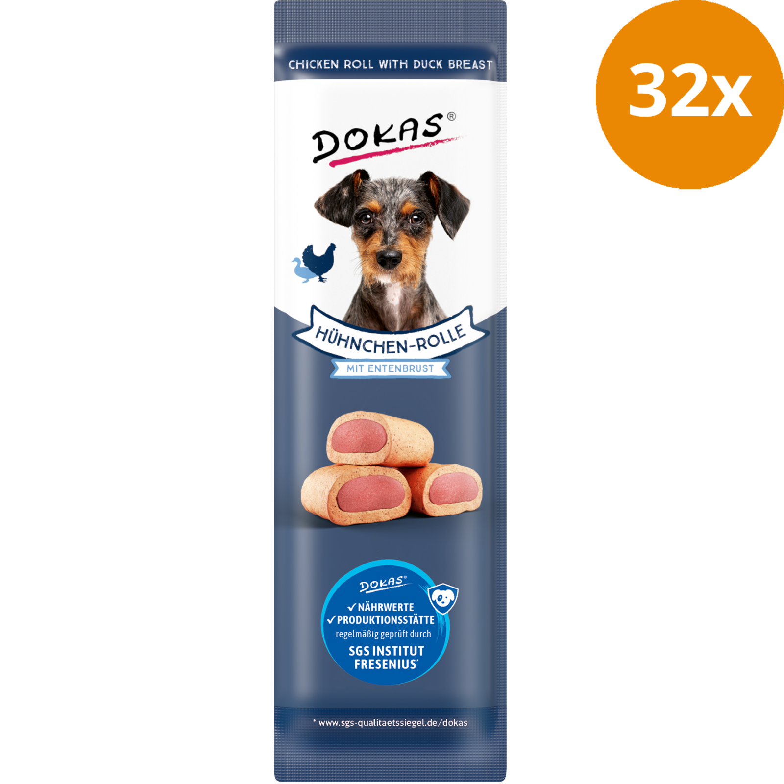 DOKAS Hühnchen-Rolle mit Ente 10 g | Hundesnack