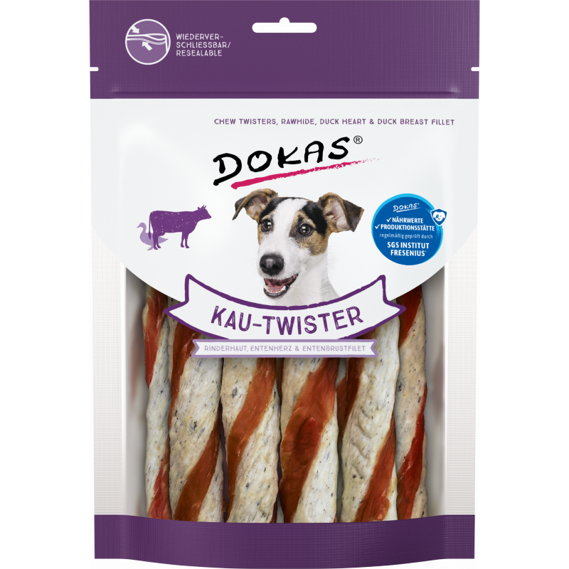 DOKAS Kau-Twister Rinderhaut, Entenherz & Entenbrust 200 g | Hundesnack