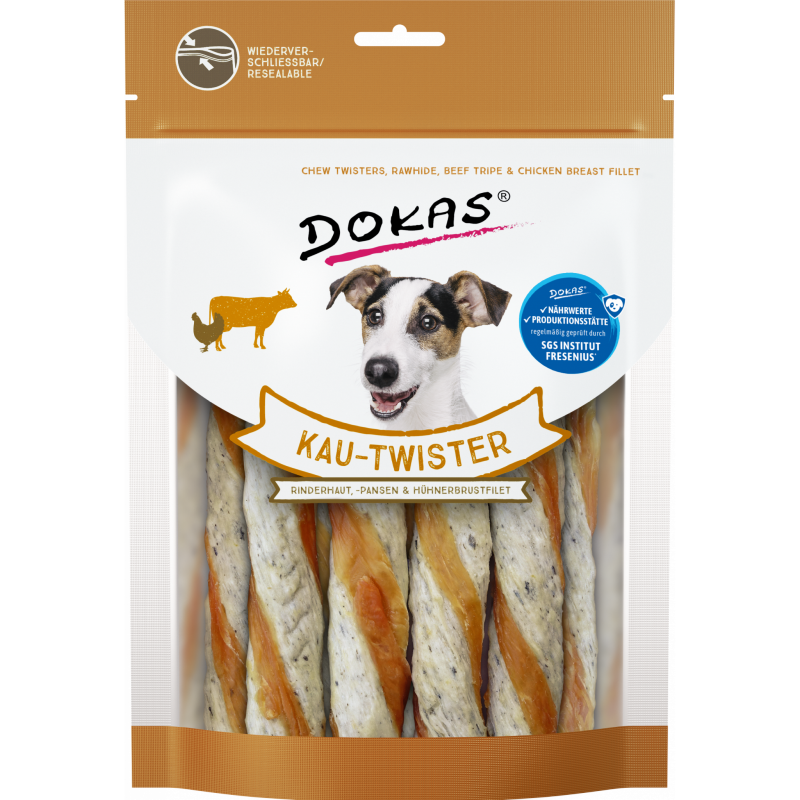 DOKAS Kau-Twister Rinderhaut, Pansen & Hühnerbrust 200 g | Hundesnack