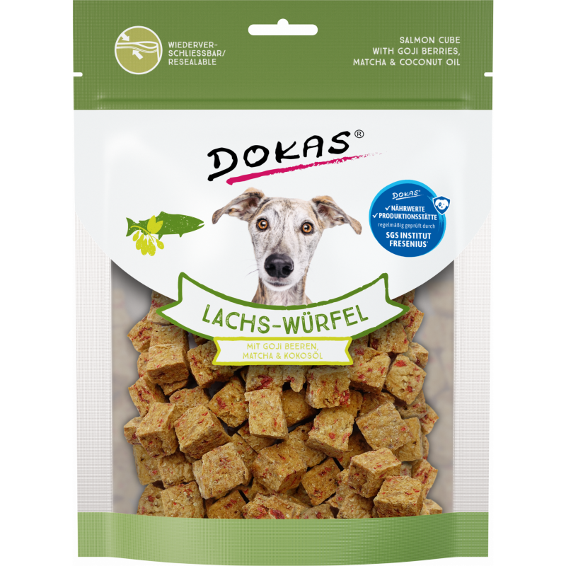 DOKAS Lachs-Würfel Gojibeeren, Matcha & Kokosöl 150 g | Hundesnack