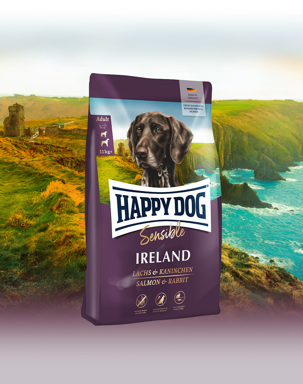 Das Hundefutter Happy Dog Sensible Ireland vor einer typisch irischen Küstenlandschaft.