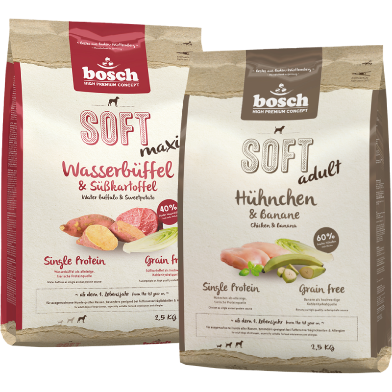 Kombipaket bosch HPC Soft Maxi Wasserbüffel & Süßkartoffel 2,5 kg + bosch HPC Soft Hühnchen & Bananen 2,5 kg