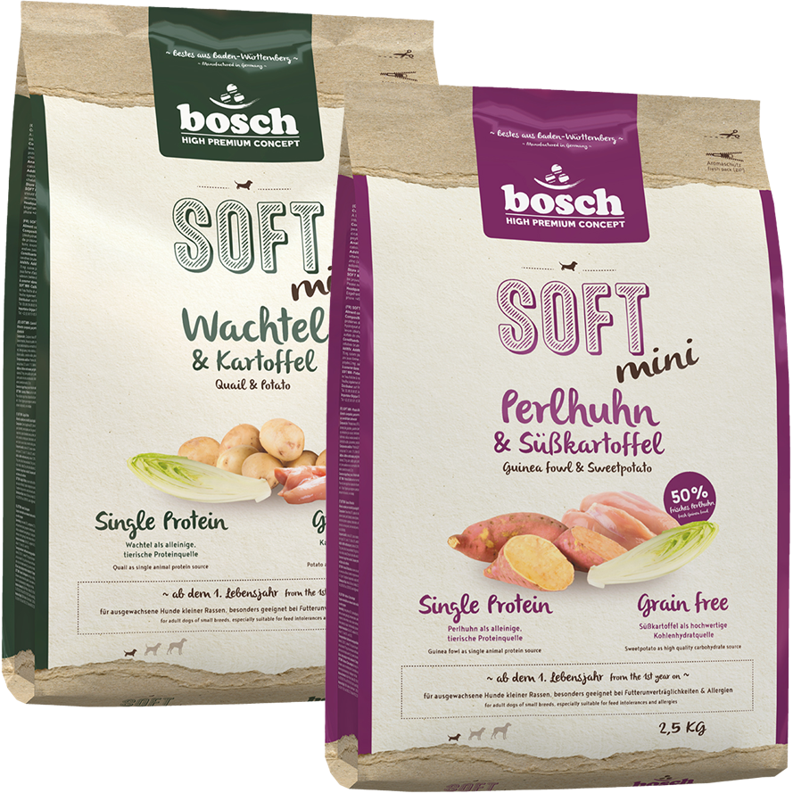 Kombipaket bosch HPC Soft Mini mit Perlhuhn & Süßkartoffel 2,5 kg + bosch HPC Soft Mini mit Wachtel & Kartoffel 2,5 kg